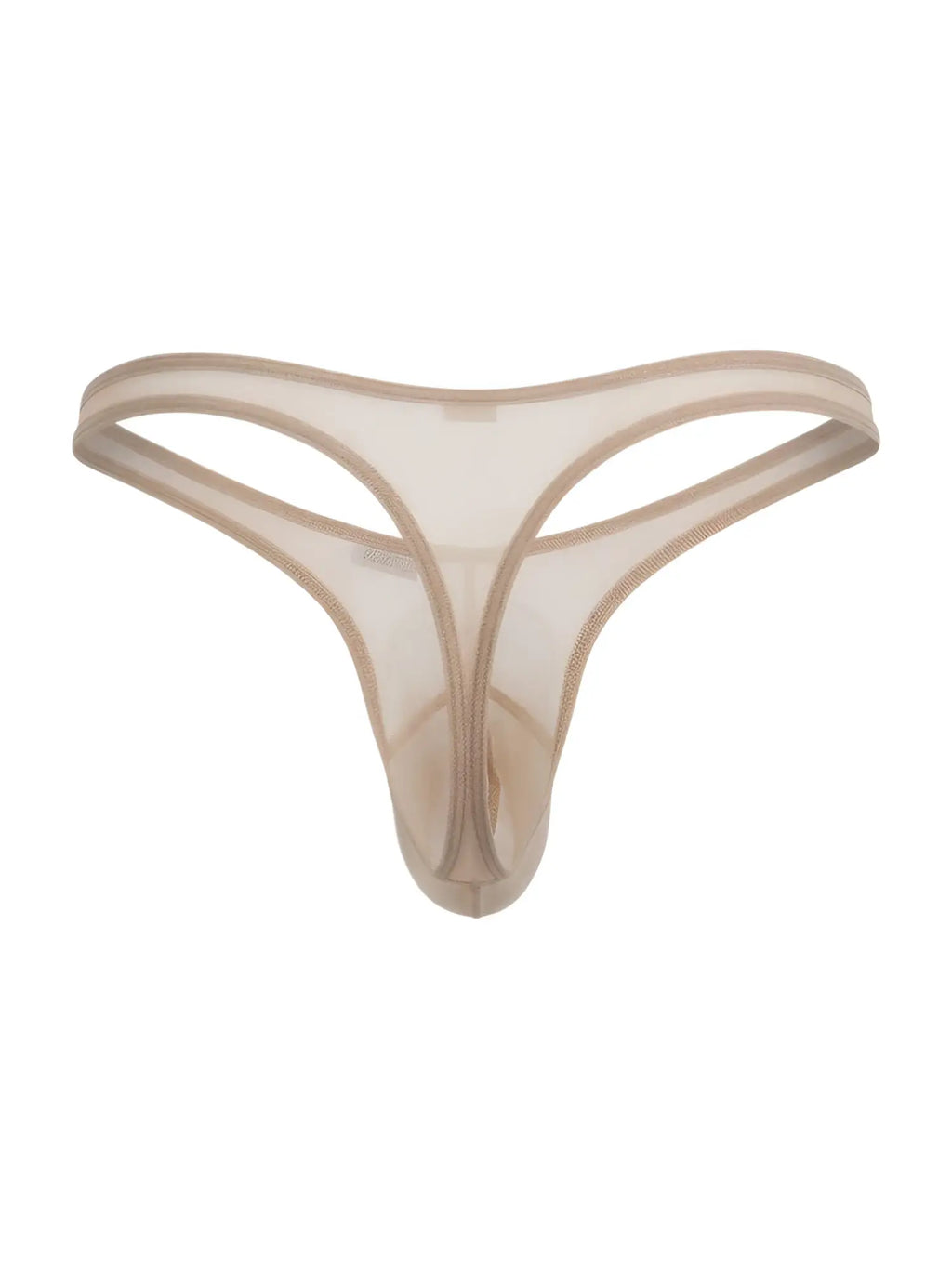 Beige CandyMan mesh thong with thin elastic trim, shown flat against a white background.