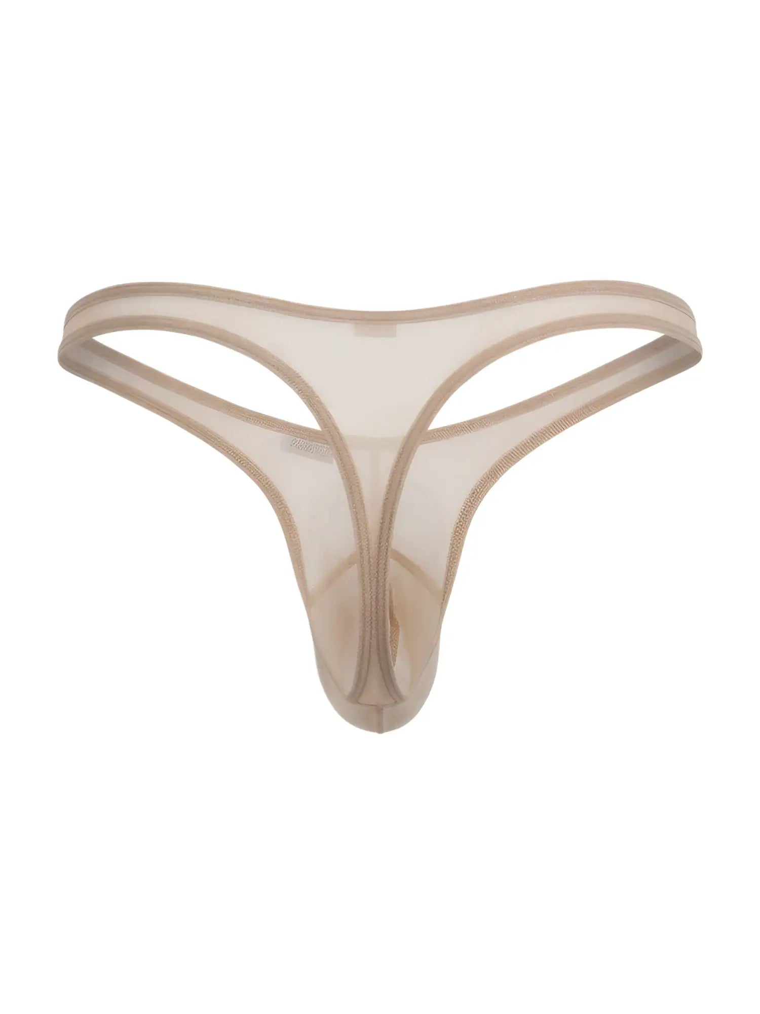 Beige CandyMan mesh thong with thin elastic trim, shown flat against a white background.