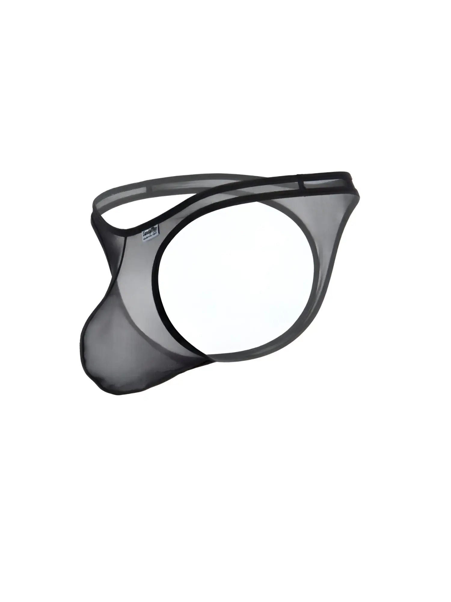 Black mesh CandyMan thong with a cutout design and supportive pouch, isolated against a white background.
