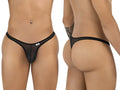 Front and back views of a person wearing CandyMan black mesh thongs with thin waistbands.