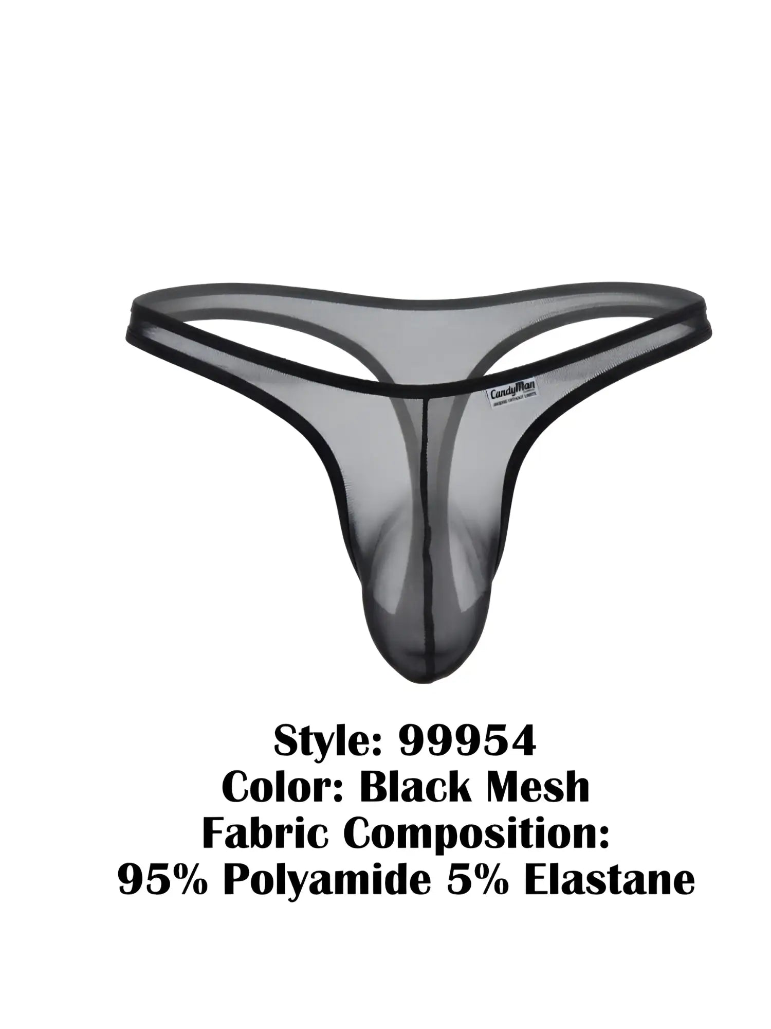 Black mesh thong by CandyMan, featuring a minimalist sheer design with a pouch front on a white background.