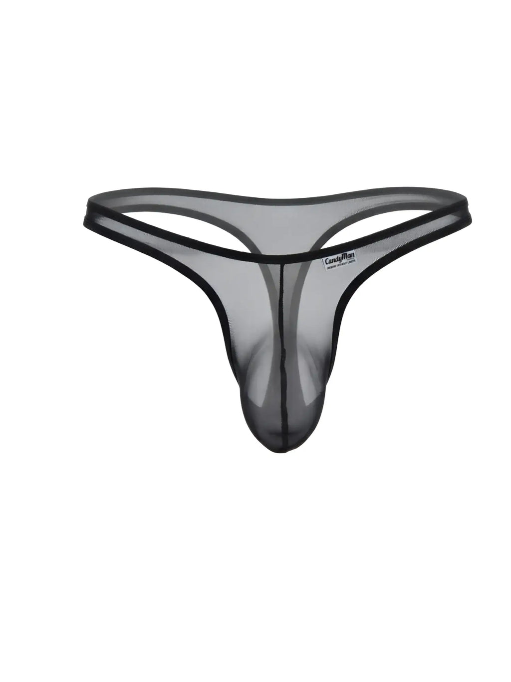 Black sheer mesh thong by CandyMan featuring a contoured front pouch and minimal elastic waistband.