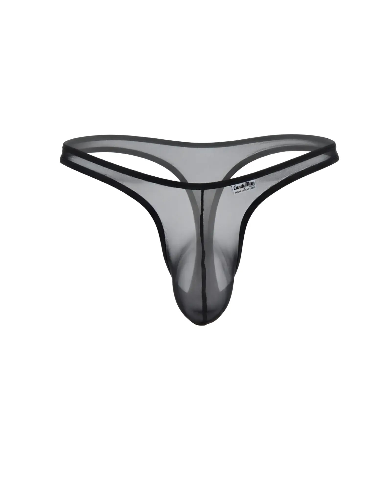 Black sheer mesh thong by CandyMan featuring a contoured front pouch and minimal elastic waistband.