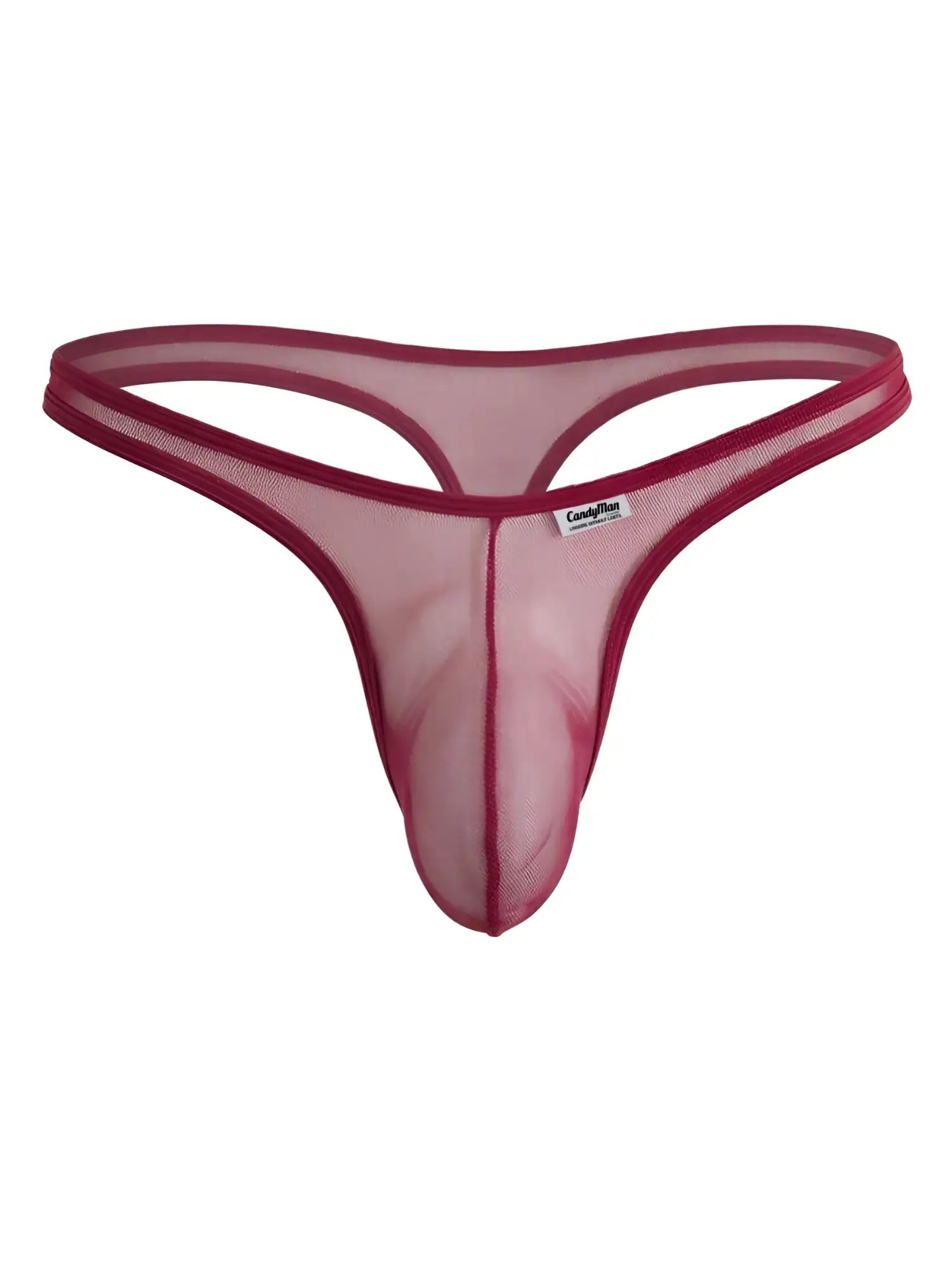 Burgundy mesh thong by CandyMan featuring a sheer fabric, minimalist thin straps, and a centered front seam.