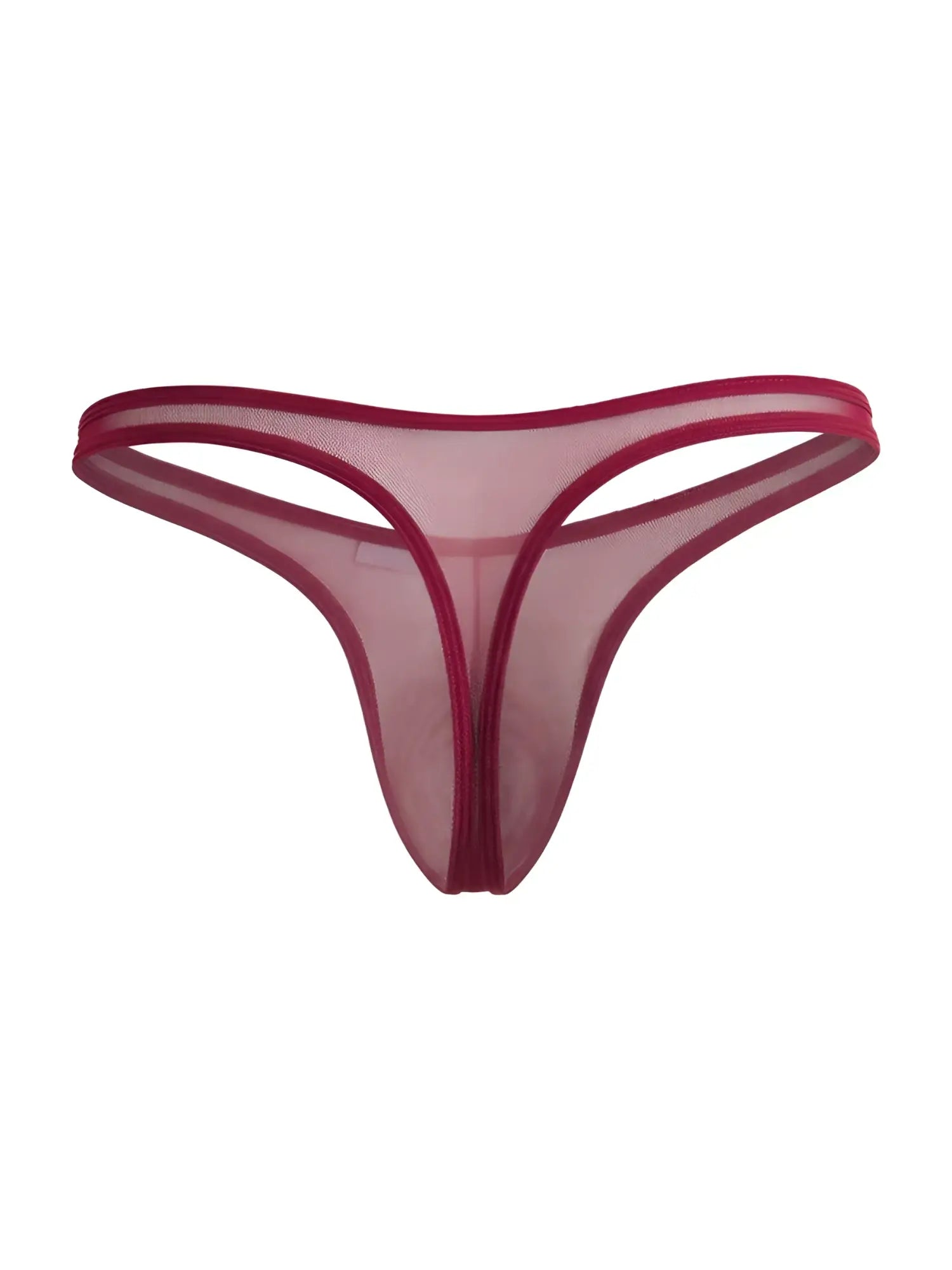Burgundy mesh thong for men with thin, minimalist side straps and sheer fabric.