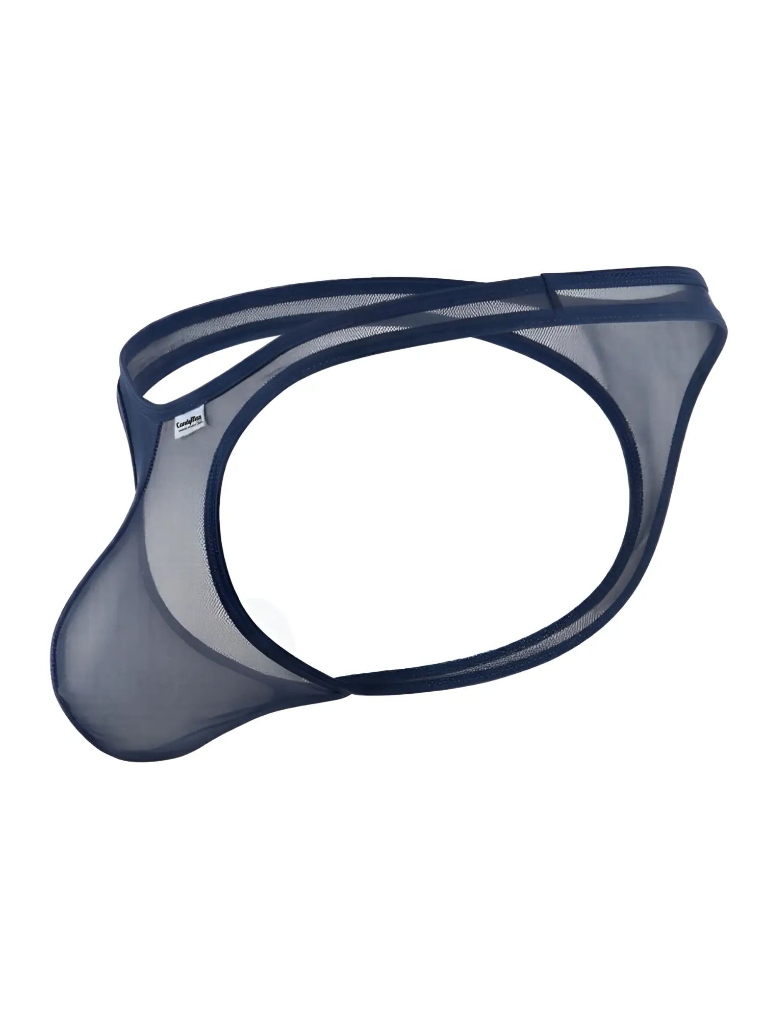 Navy blue sheer mesh thong with a minimal, open-side cutout design and a contoured front pouch.