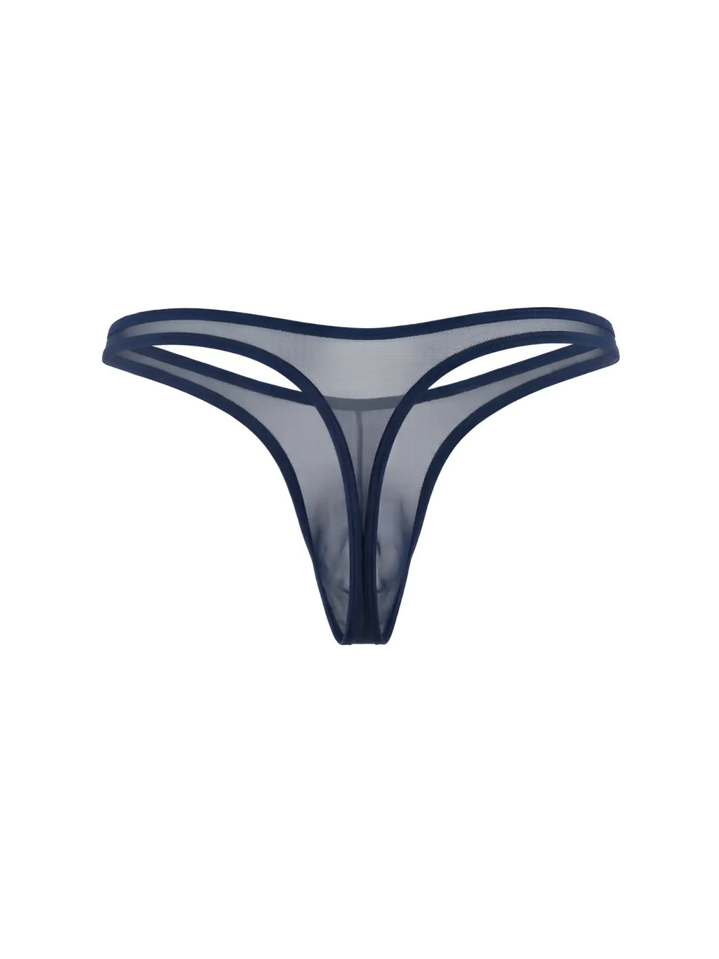 Navy blue mesh thong isolated on a white background.