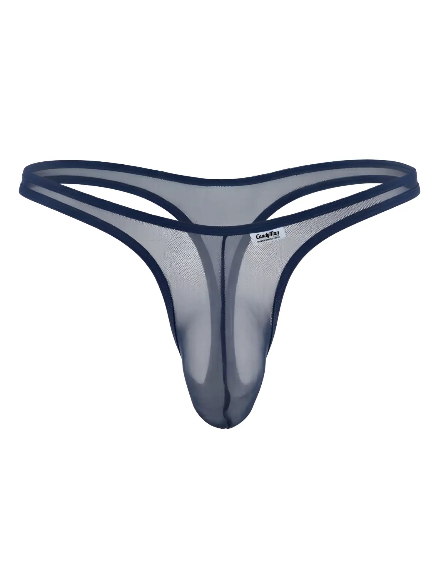 Navy blue mesh thong by CandyMan featuring a minimalist, sheer fabric design with a small brand tag on the front.