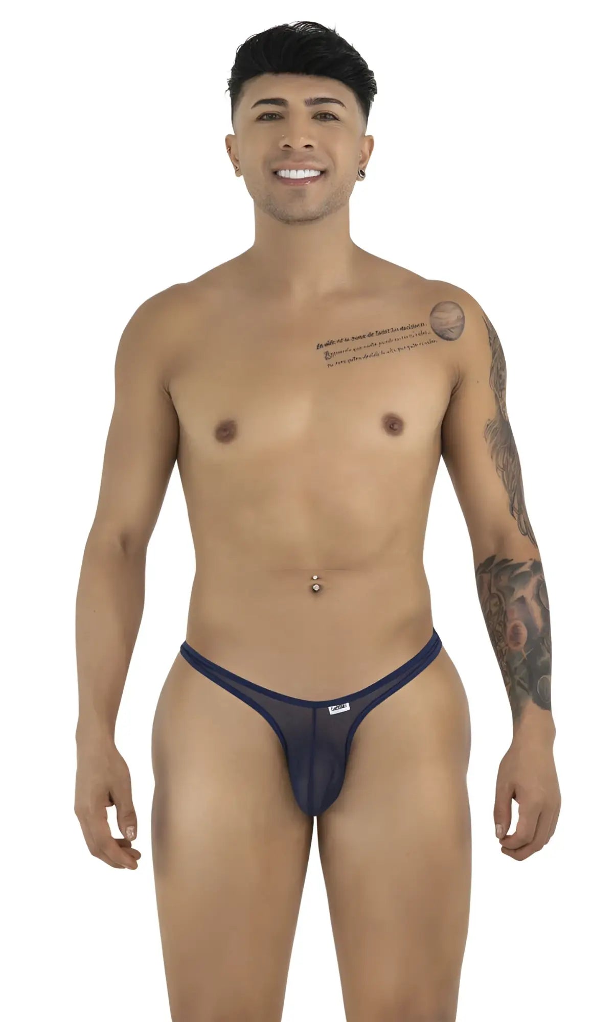 A man stands facing forward, wearing navy mesh CandyMan thongs with a thin double-strap waistband.