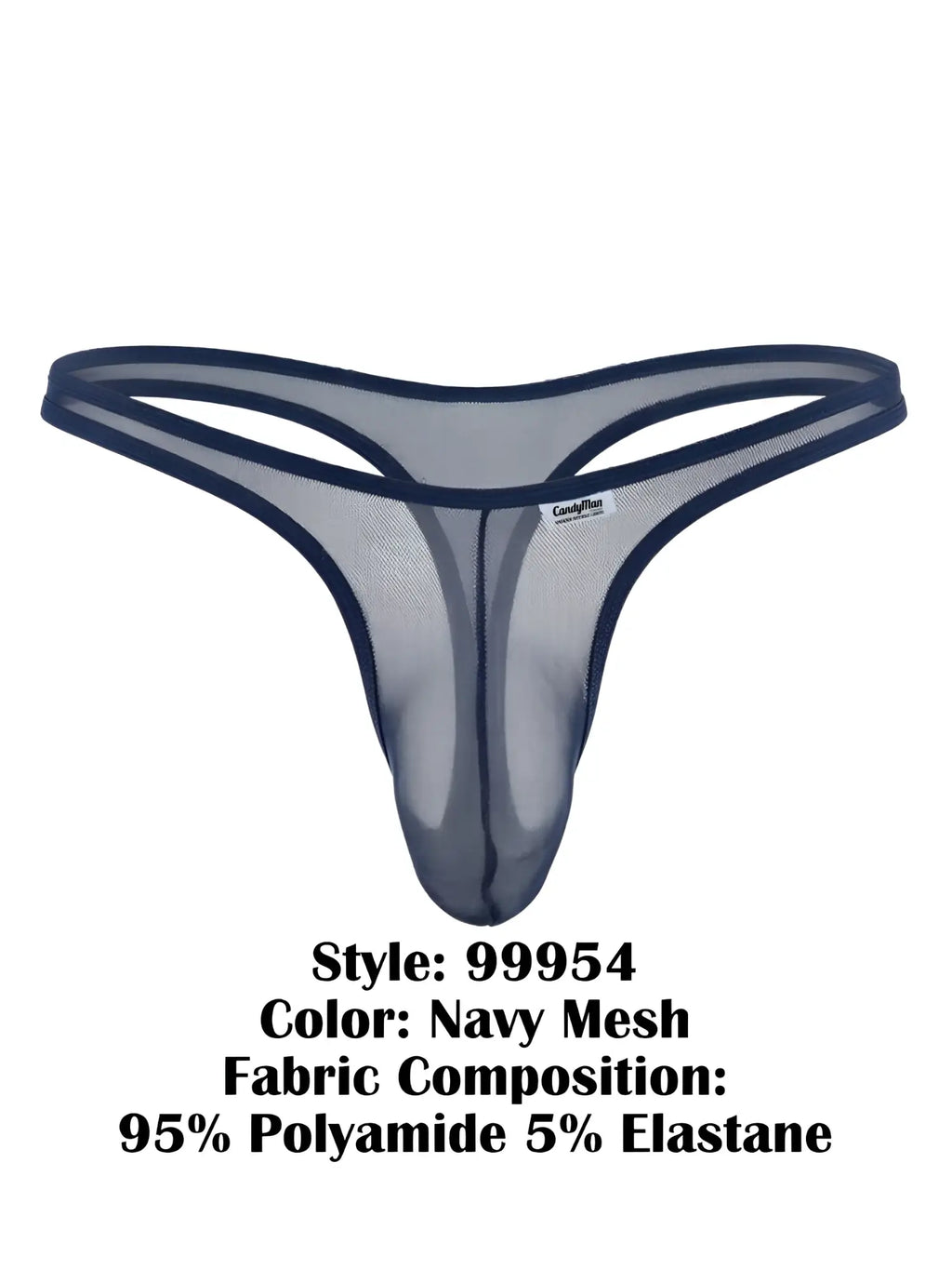 CandyMan 99954 navy mesh thong with a minimalist, sheer design and thin waistband on a white background.