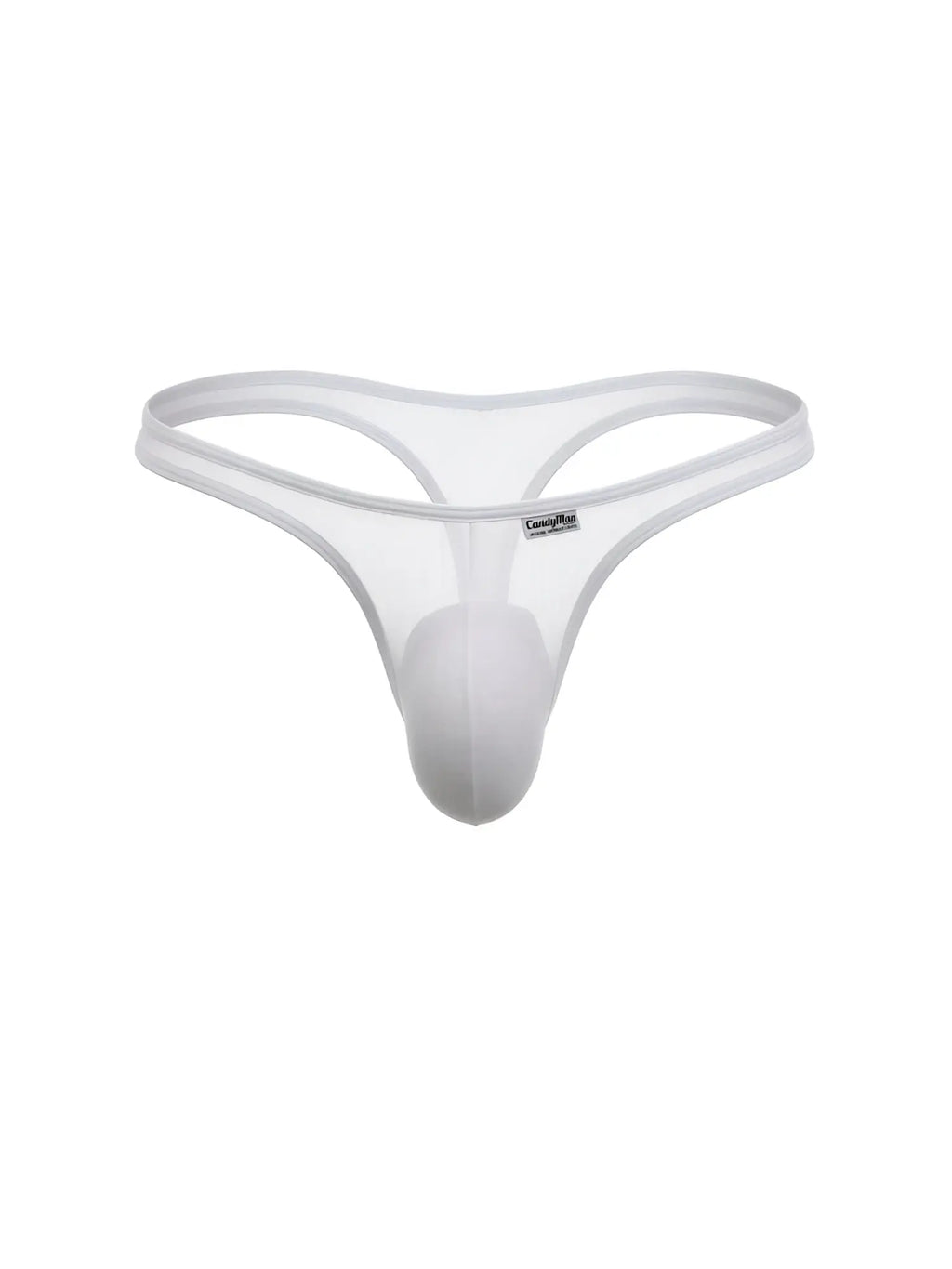 White mesh CandyMan thong with a contoured pouch and thin elastic waistband, shown isolated against a white background.