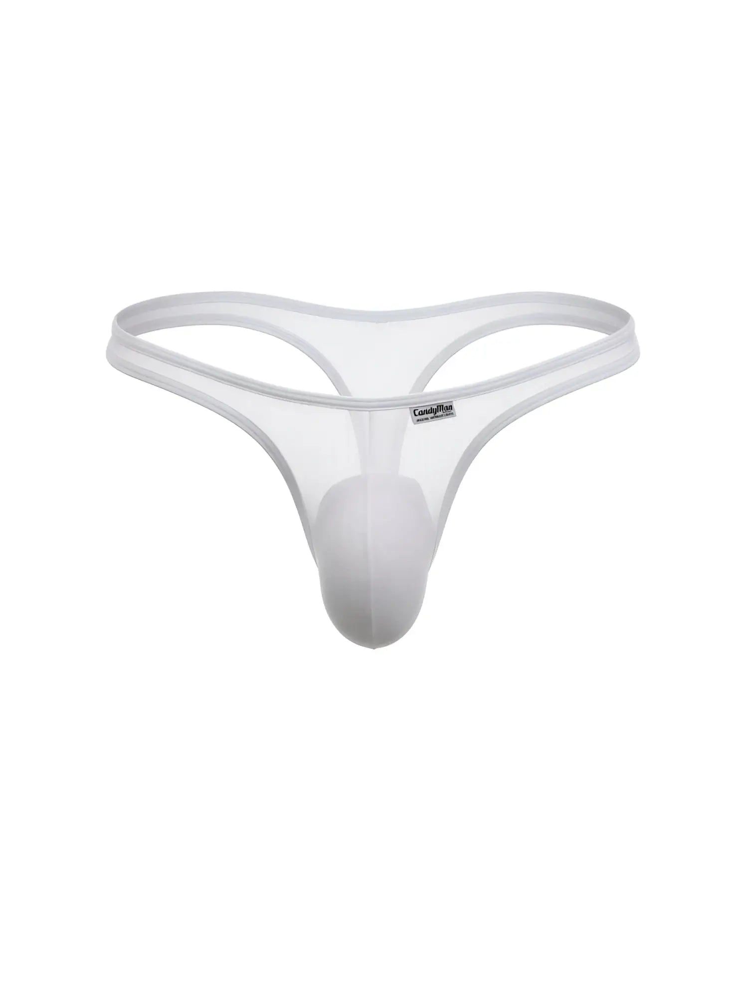 White mesh CandyMan thong with a contoured pouch and thin elastic waistband, shown isolated against a white background.