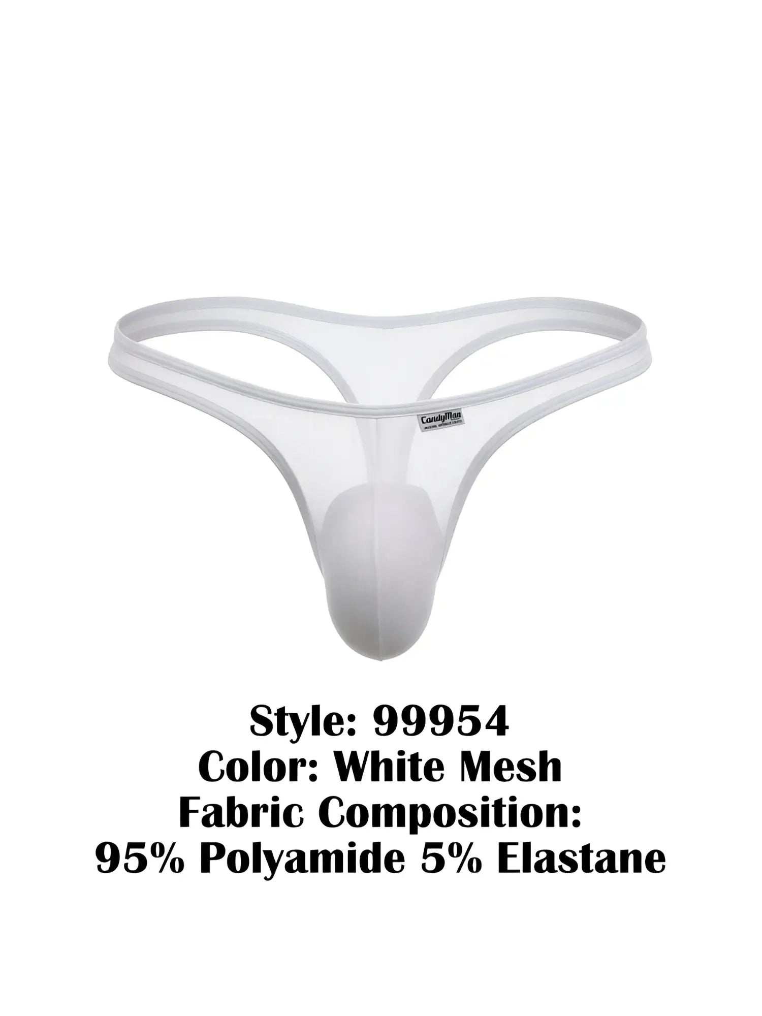 White CandyMan 99954 thong in sheer mesh fabric with a contoured front pouch, displayed against a plain white background.