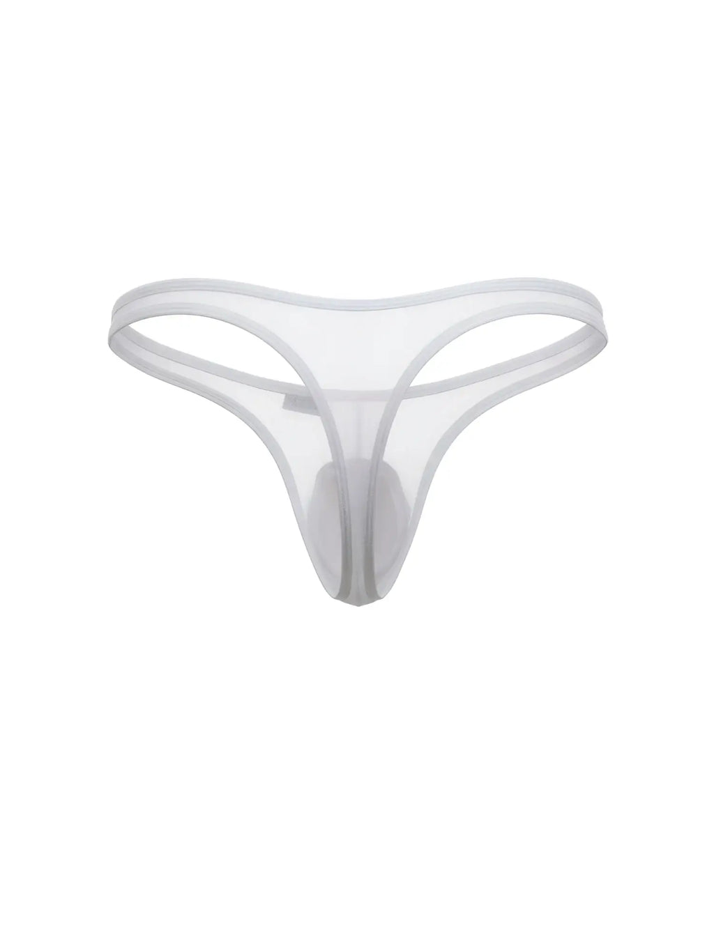 CandyMan white mesh thong featuring a minimalist, sheer design isolated on a plain white background.