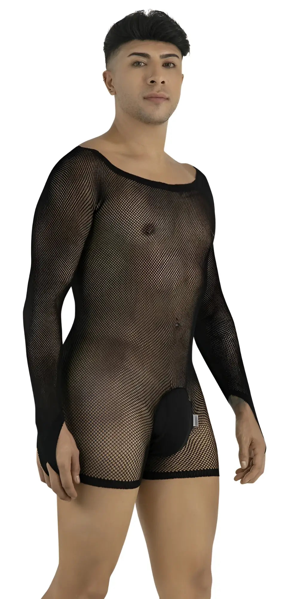 Model wearing a black, long-sleeved fishnet bodysuit with an opaque pouch, viewed from a side angle.