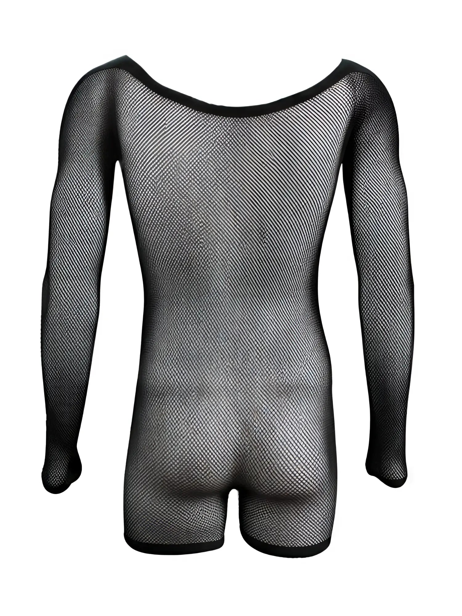 Back view of a black, long-sleeve fishnet bodysuit with a scoop neck on a mannequin.