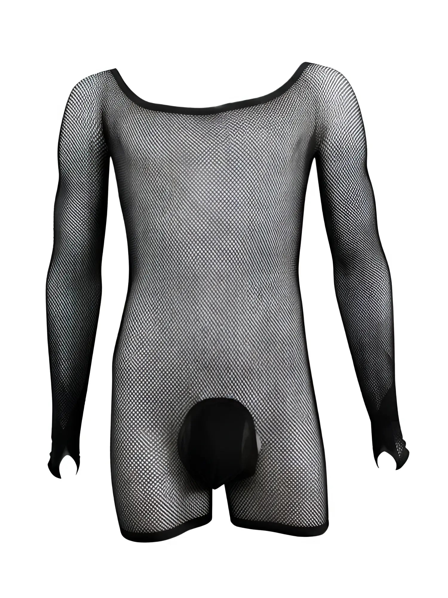 Black fishnet long-sleeve bodysuit with an opaque pouch, displayed on a mannequin torso against a white background.