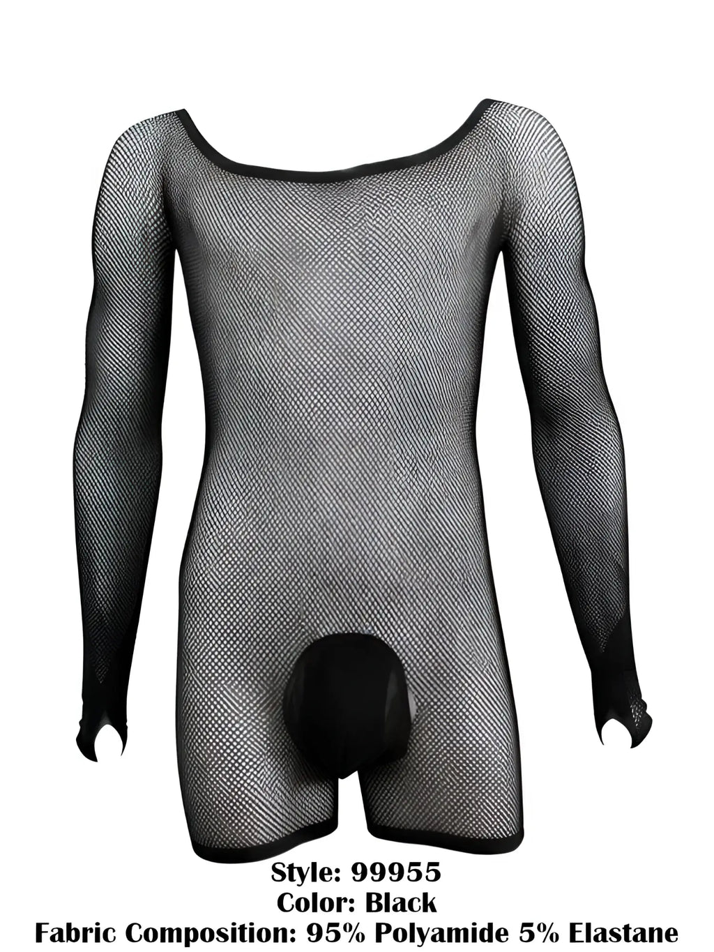 Black long-sleeve fishnet bodysuit with a solid pouch front on a headless mannequin.