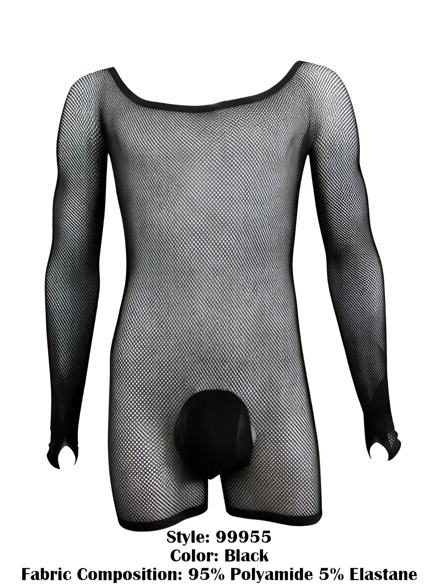 Black long-sleeve fishnet bodysuit with a solid pouch front on a headless mannequin.
