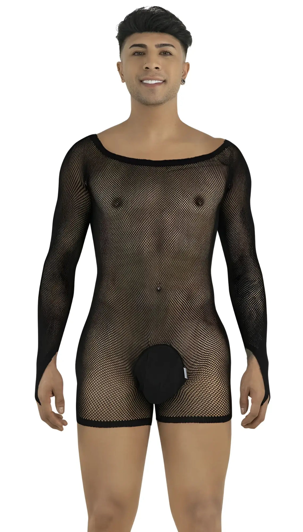 A man wearing a black long-sleeve fishnet bodysuit with a solid pouch, posing against a white background.