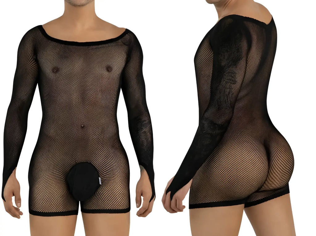 Model wearing a black, long-sleeve mesh bodysuit with a solid pouch, shown from front and back views.