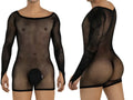 Model wearing a black, long-sleeve mesh bodysuit with a solid pouch, shown from front and back views.