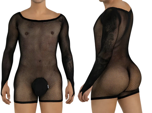 Model wearing a black, long-sleeve mesh bodysuit with a solid pouch, shown from front and back views.