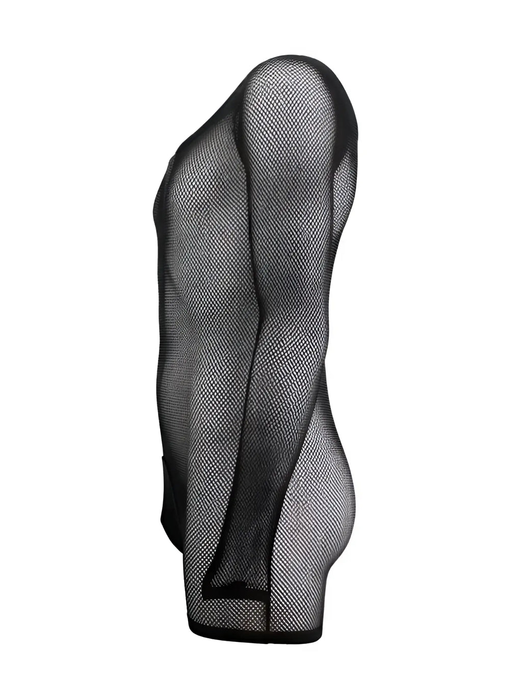 Side view of a CandyMan black fishnet bodysuit worn by a person, featuring long sleeves and a form-fitting cut.