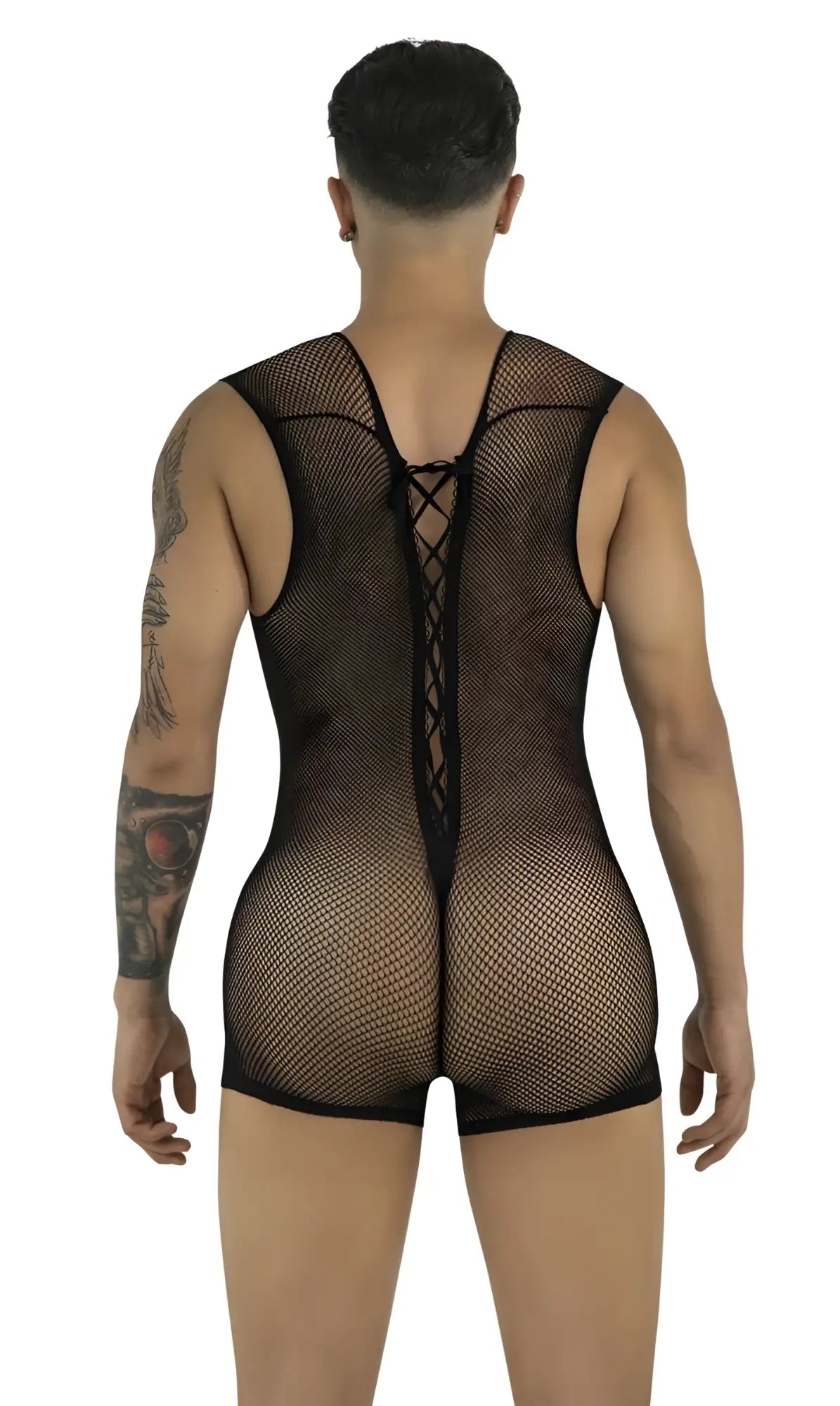 Back view of a man wearing a black fishnet bodysuit with a lace-up detail down the center back.