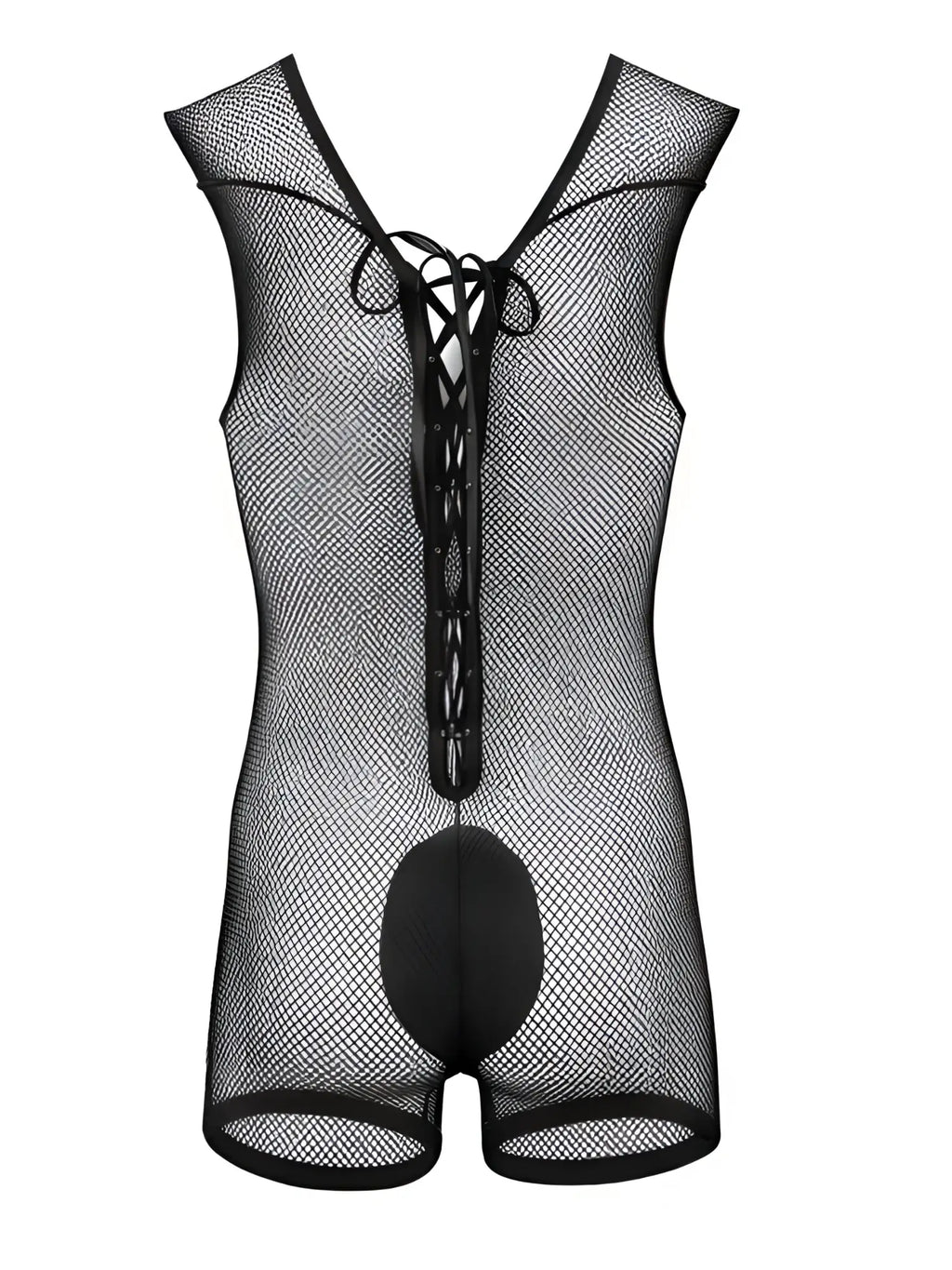 Black mesh sleeveless CandyMan bodysuit featuring a lace-up front closure and solid crotch panel.