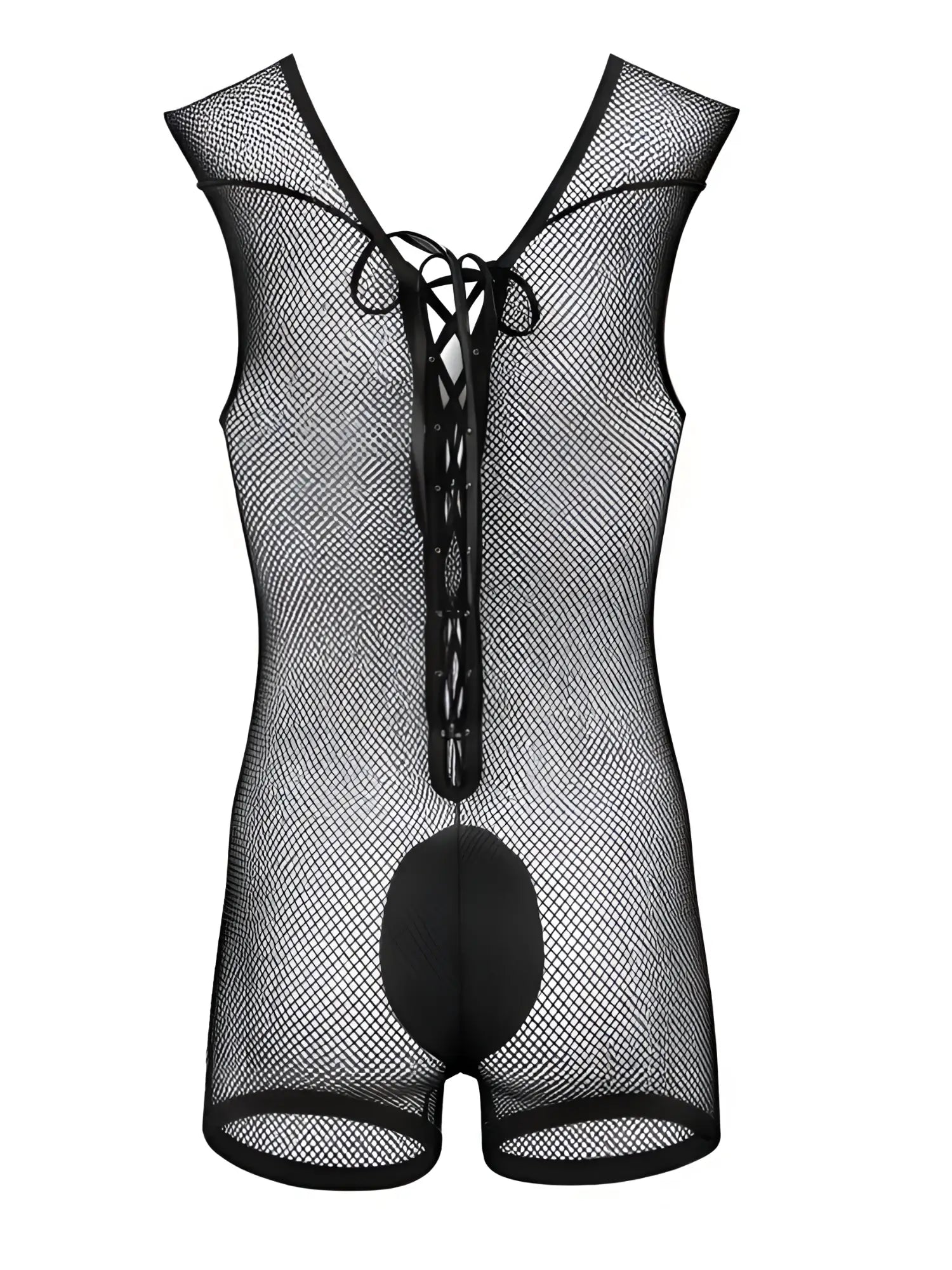 Black mesh sleeveless CandyMan bodysuit featuring a lace-up front closure and solid crotch panel.