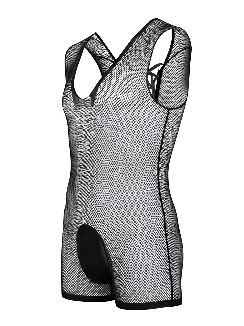 CandyMan black fishnet bodysuit with scoop neck, sleeveless cut, and solid pouch, displayed on a mannequin torso.
