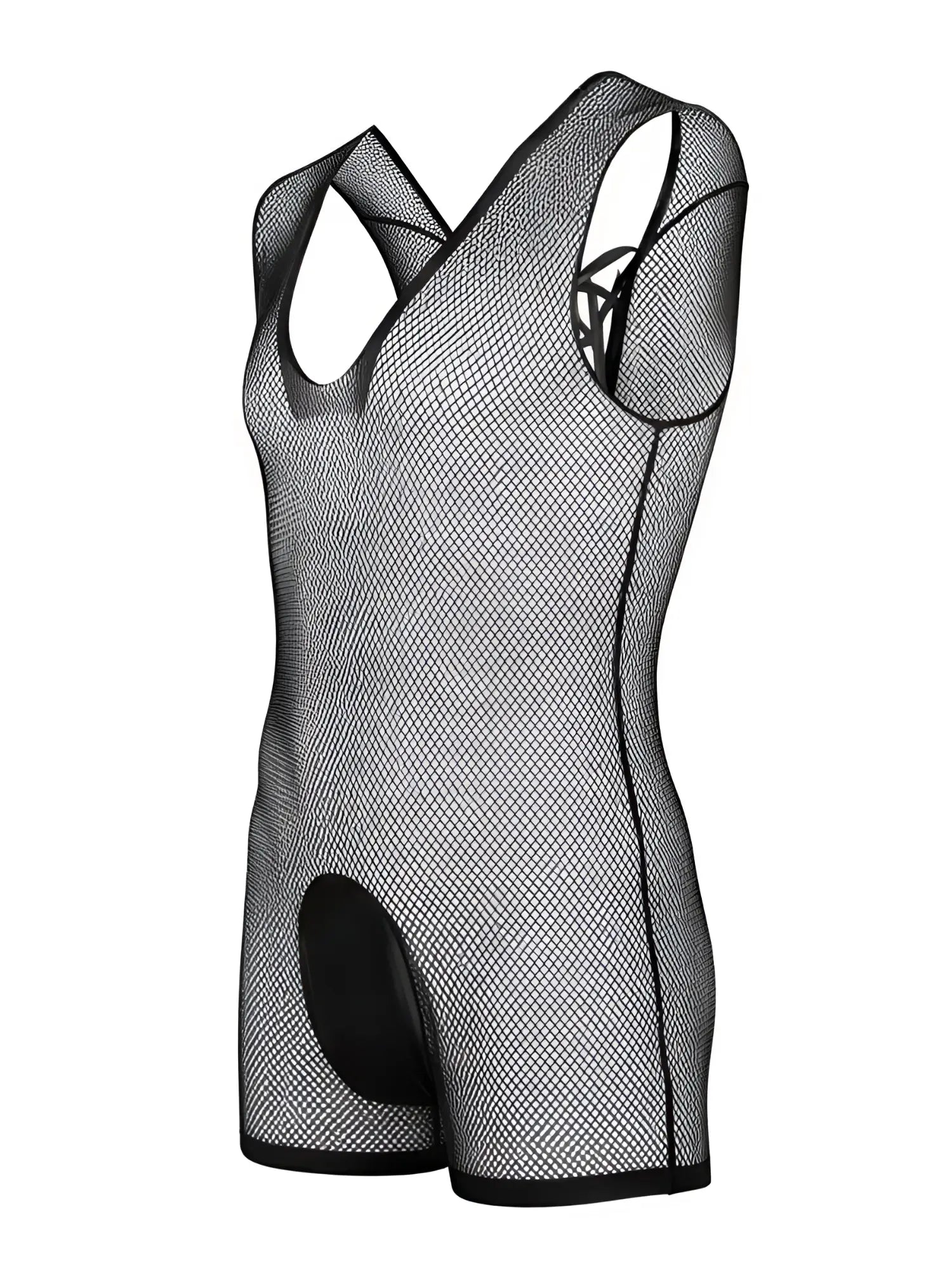 CandyMan black fishnet bodysuit with scoop neck, sleeveless cut, and solid pouch, displayed on a mannequin torso.