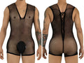 Black mesh bodysuit featuring a deep V-neck, front pouch, and lace-up back detail, shown from front and rear views.