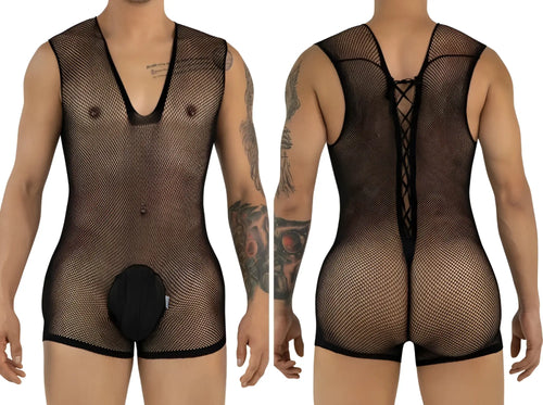 Black mesh bodysuit featuring a deep V-neck, front pouch, and lace-up back detail, shown from front and rear views.