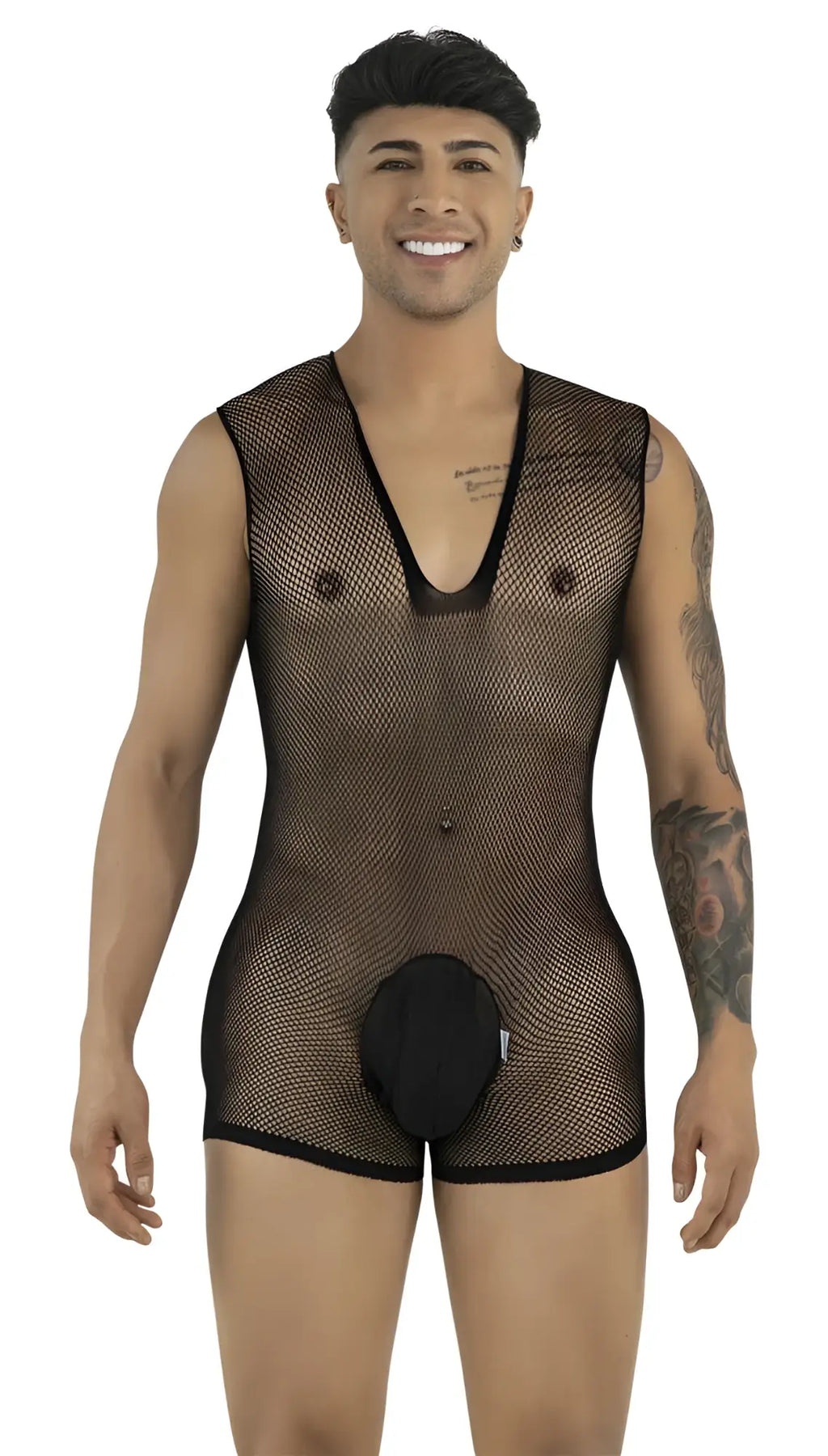 A model wearing a black mesh bodysuit with a deep V-neck and a solid black front pouch, standing against a white background.
