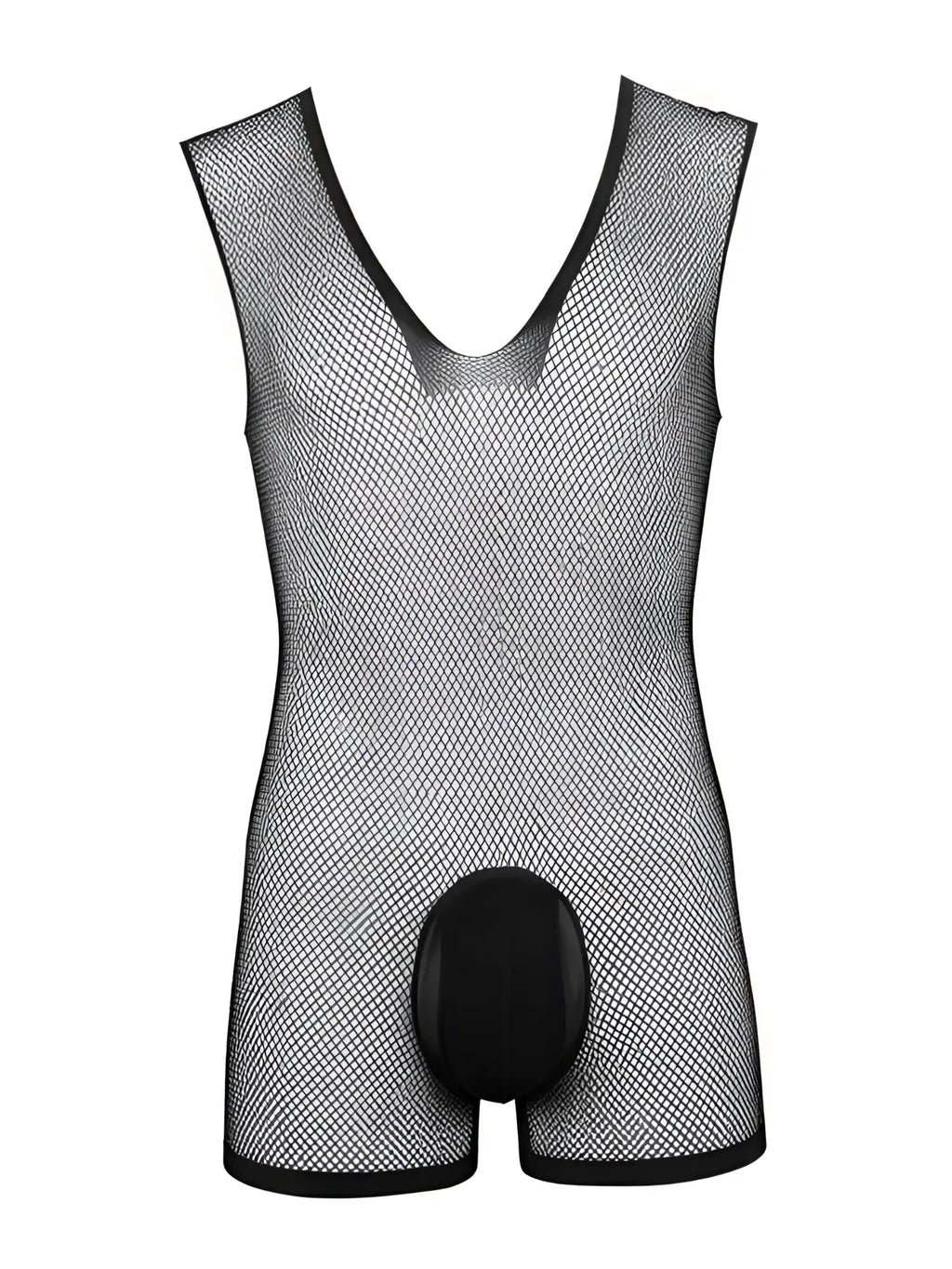 Black CandyMan mesh bodysuit with a deep V-neck and a solid opaque front pouch on a white background.