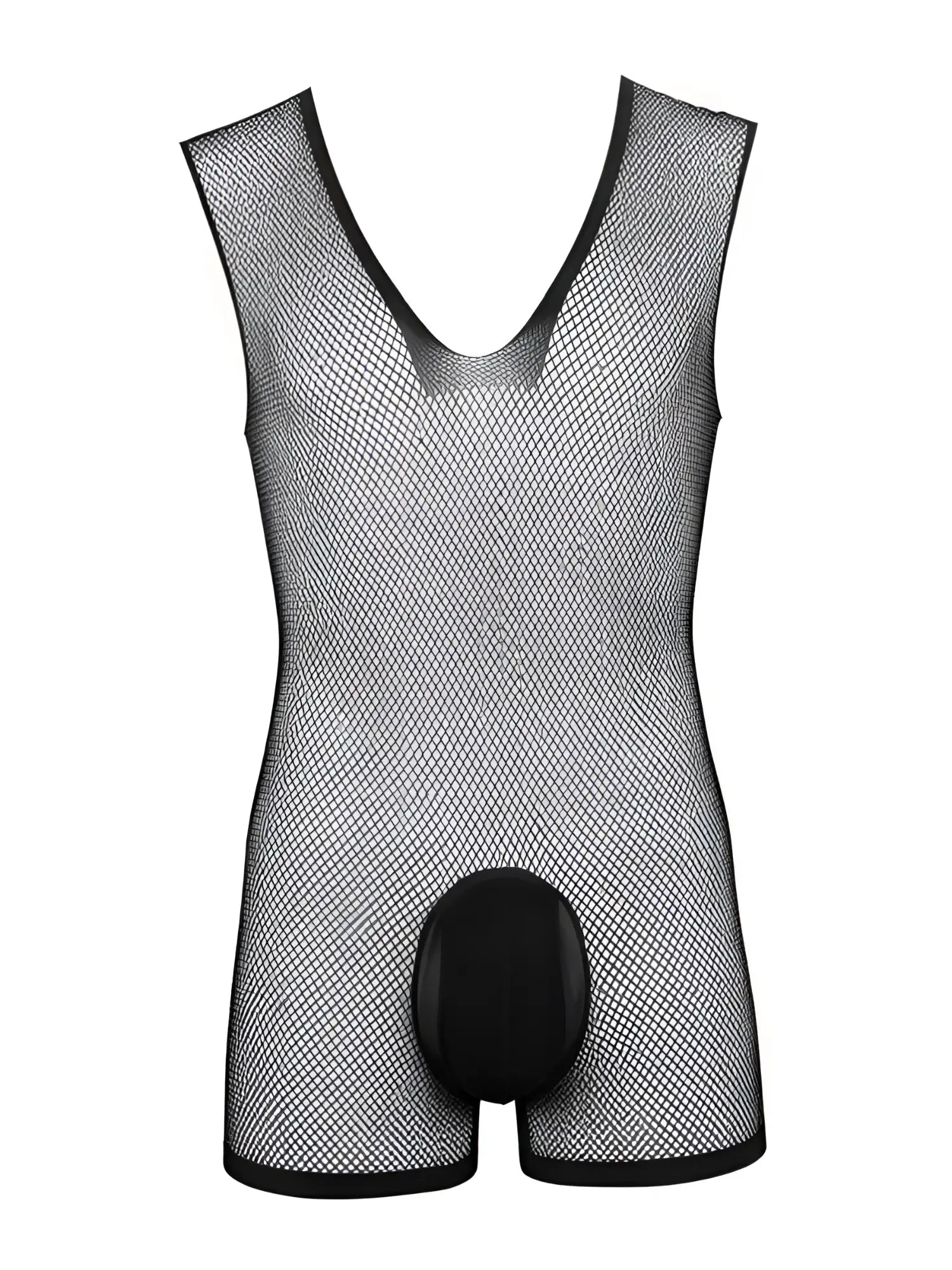 Black CandyMan mesh bodysuit with a deep V-neck and a solid opaque front pouch on a white background.