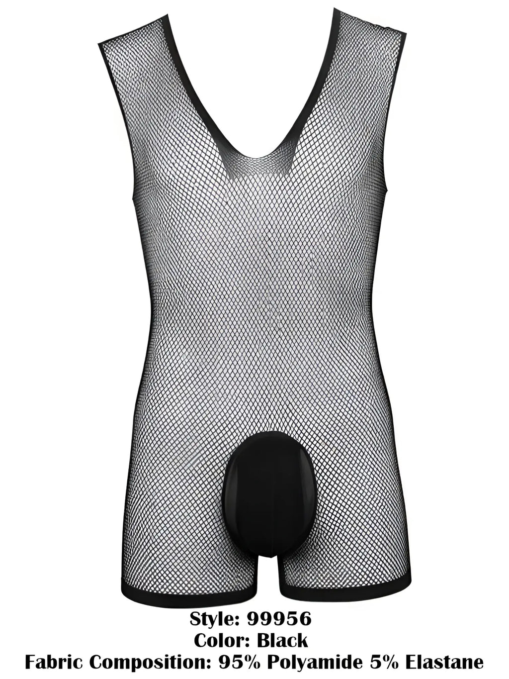 Black CandyMan 99956 sleeveless fishnet bodysuit with a V-neck and a solid opaque crotch pouch.