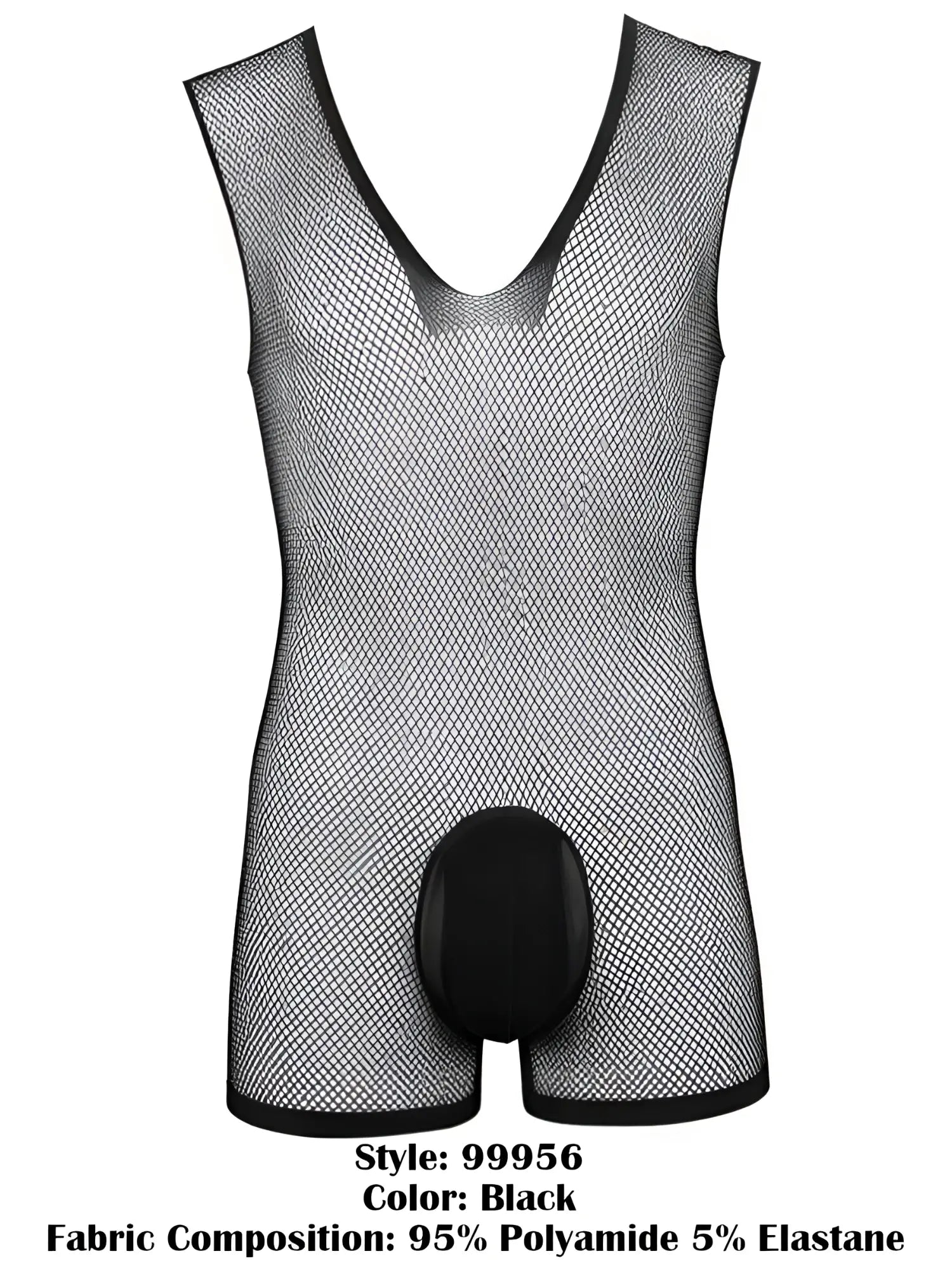 Black CandyMan 99956 sleeveless fishnet bodysuit with a V-neck and a solid opaque crotch pouch.