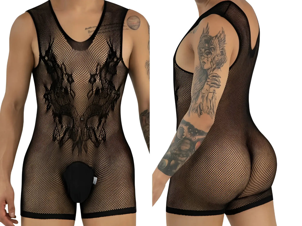 Black CandyMan mesh bodysuit shown from front and back views on a model with tattoos.