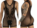 Black CandyMan mesh bodysuit shown from front and back views on a model with tattoos.