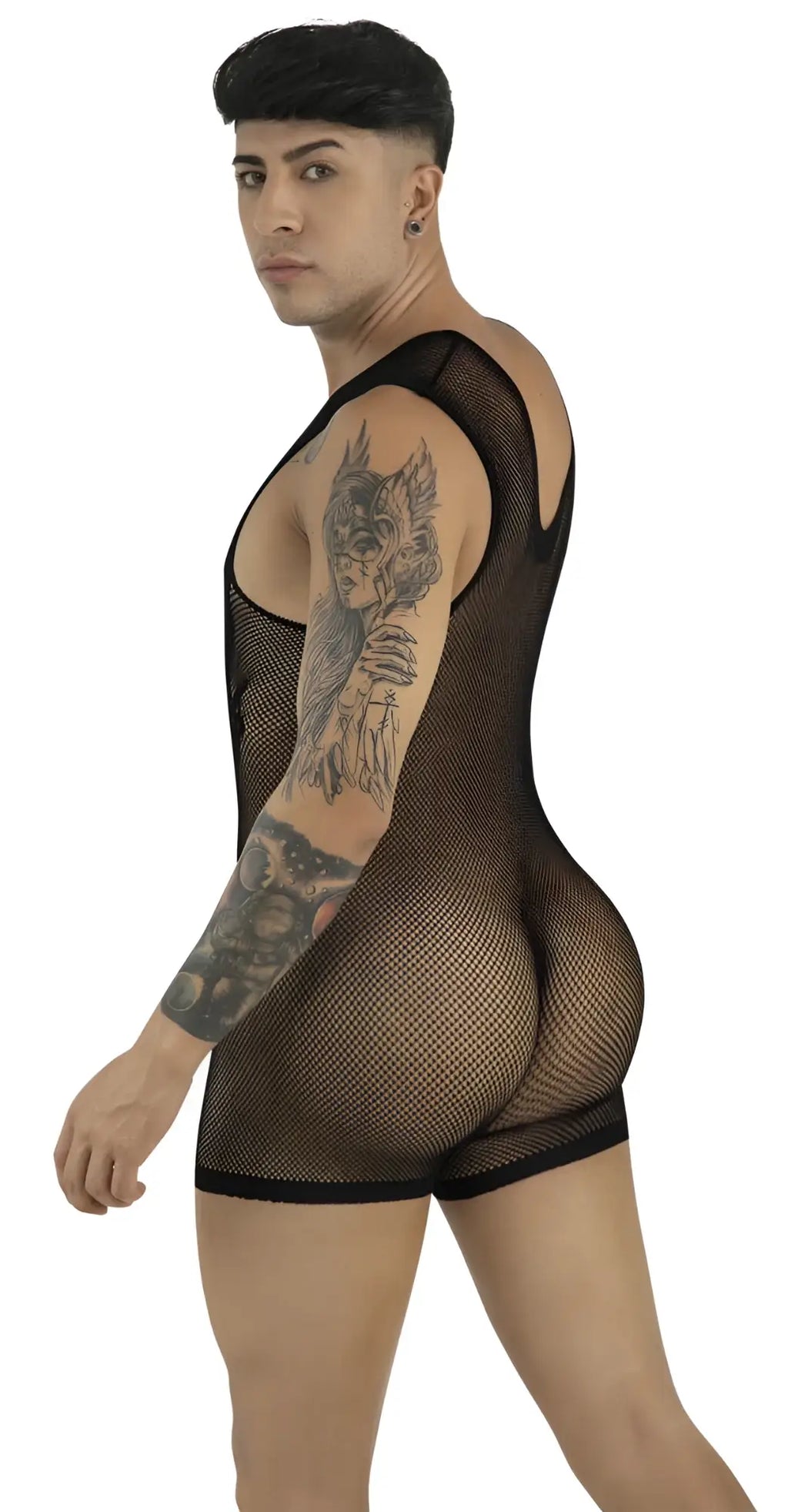 A model in a black fishnet bodysuit stands in profile, showcasing the fitted style and open-knit texture.