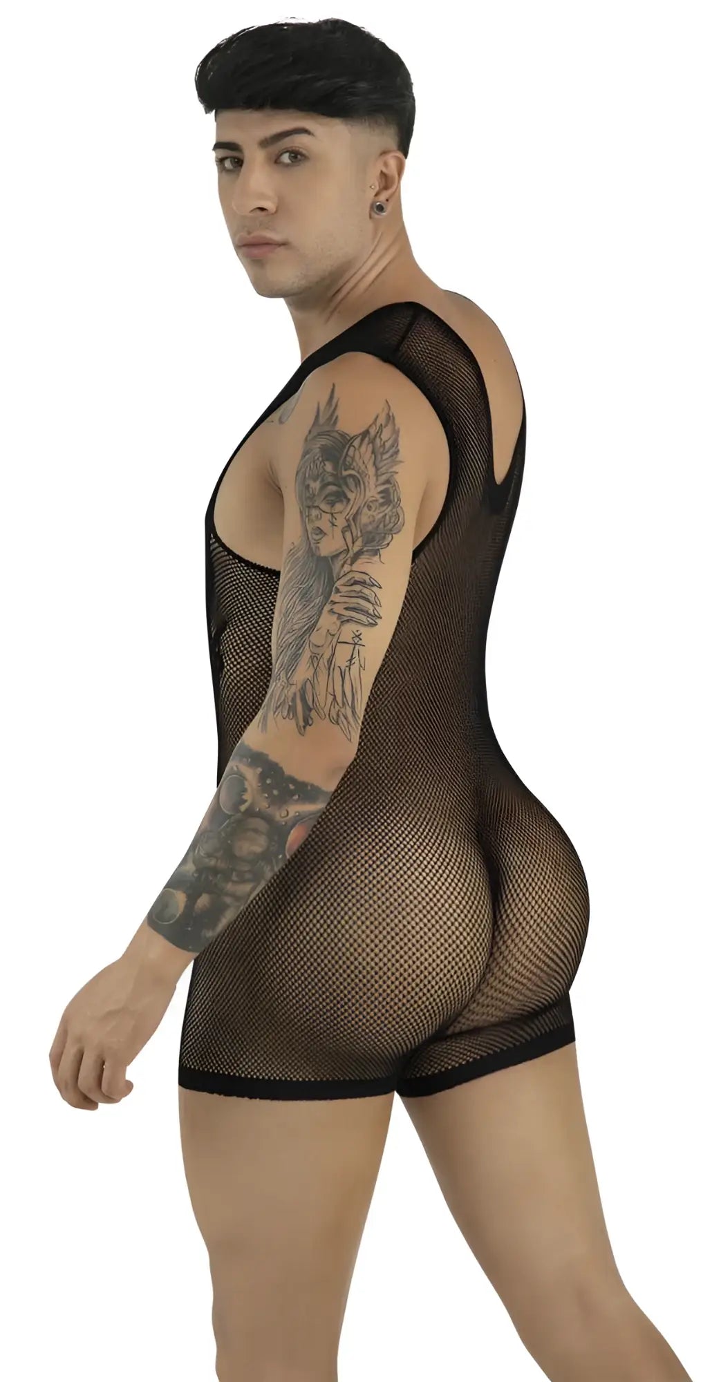 A model in a black fishnet bodysuit stands in profile, showcasing the fitted style and open-knit texture.