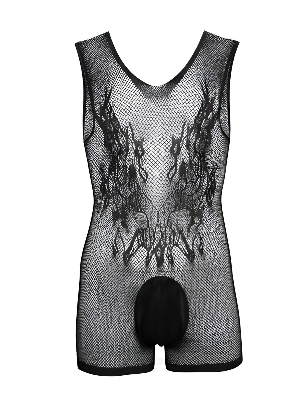Black CandyMan sleeveless fishnet bodysuit with detailed lace-style chest embroidery and a solid black pouch.