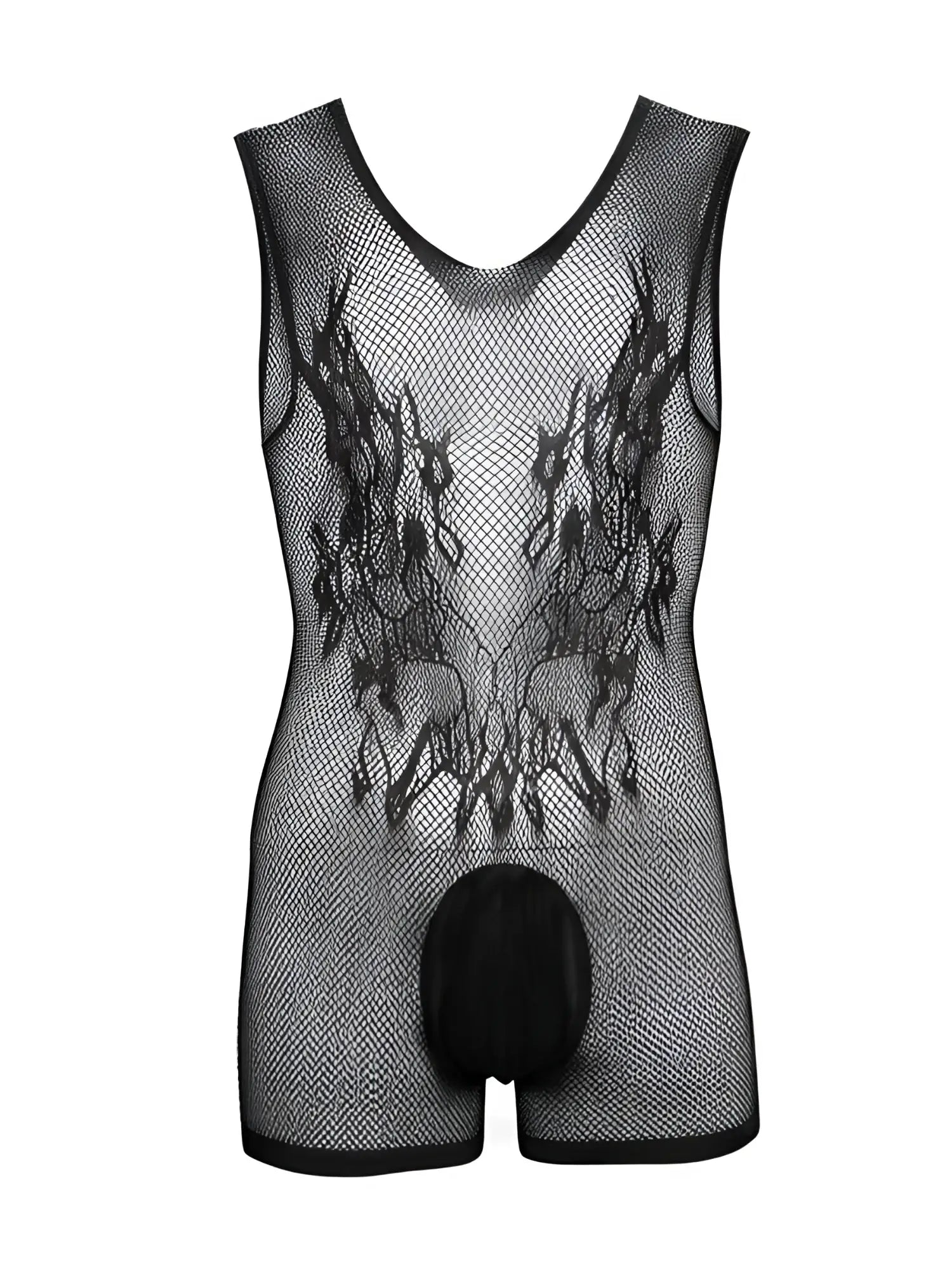 Black CandyMan sleeveless fishnet bodysuit with detailed lace-style chest embroidery and a solid black pouch.