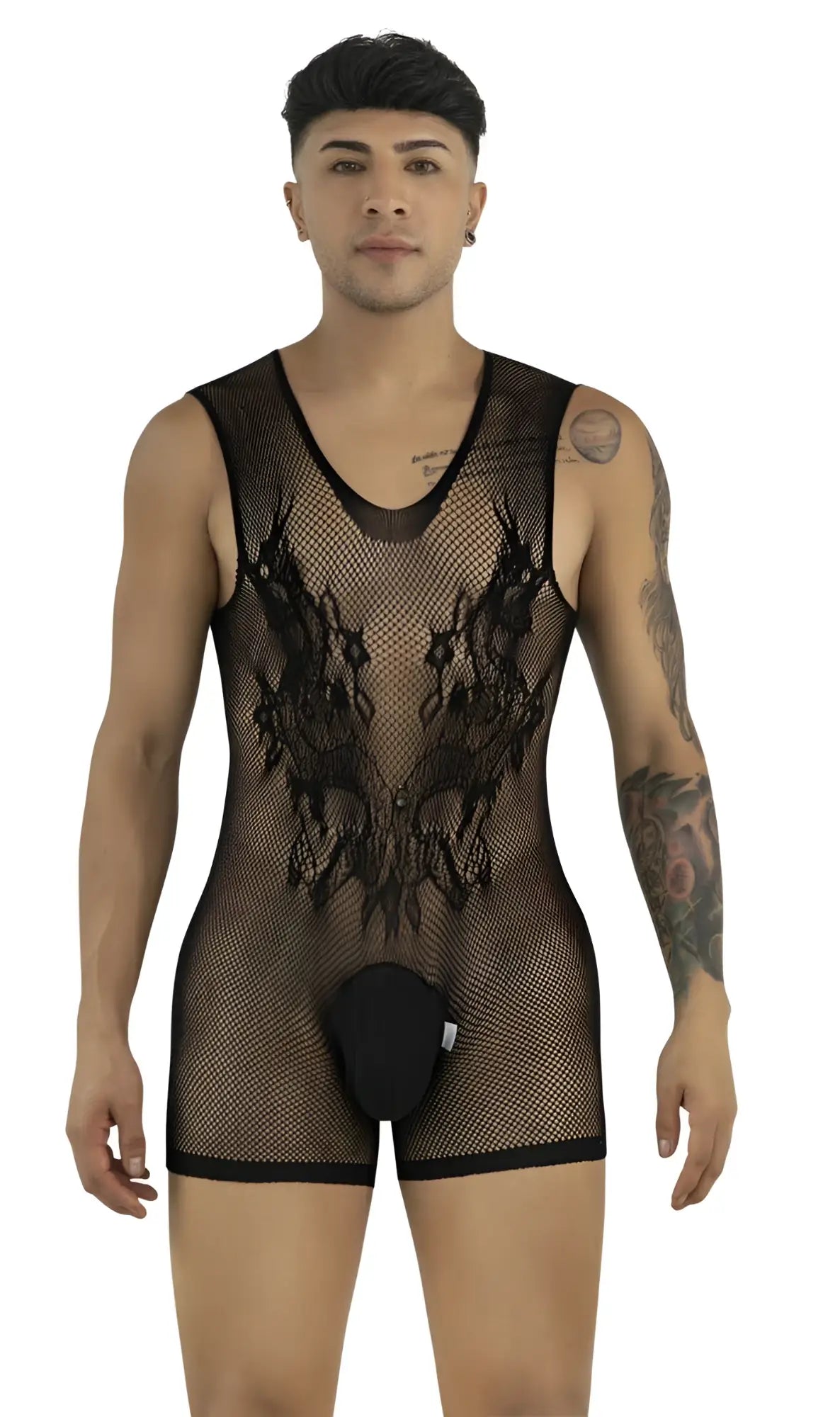 A model wears a black, sleeveless fishnet bodysuit with an intricate lace pattern on the chest and a solid pouch.