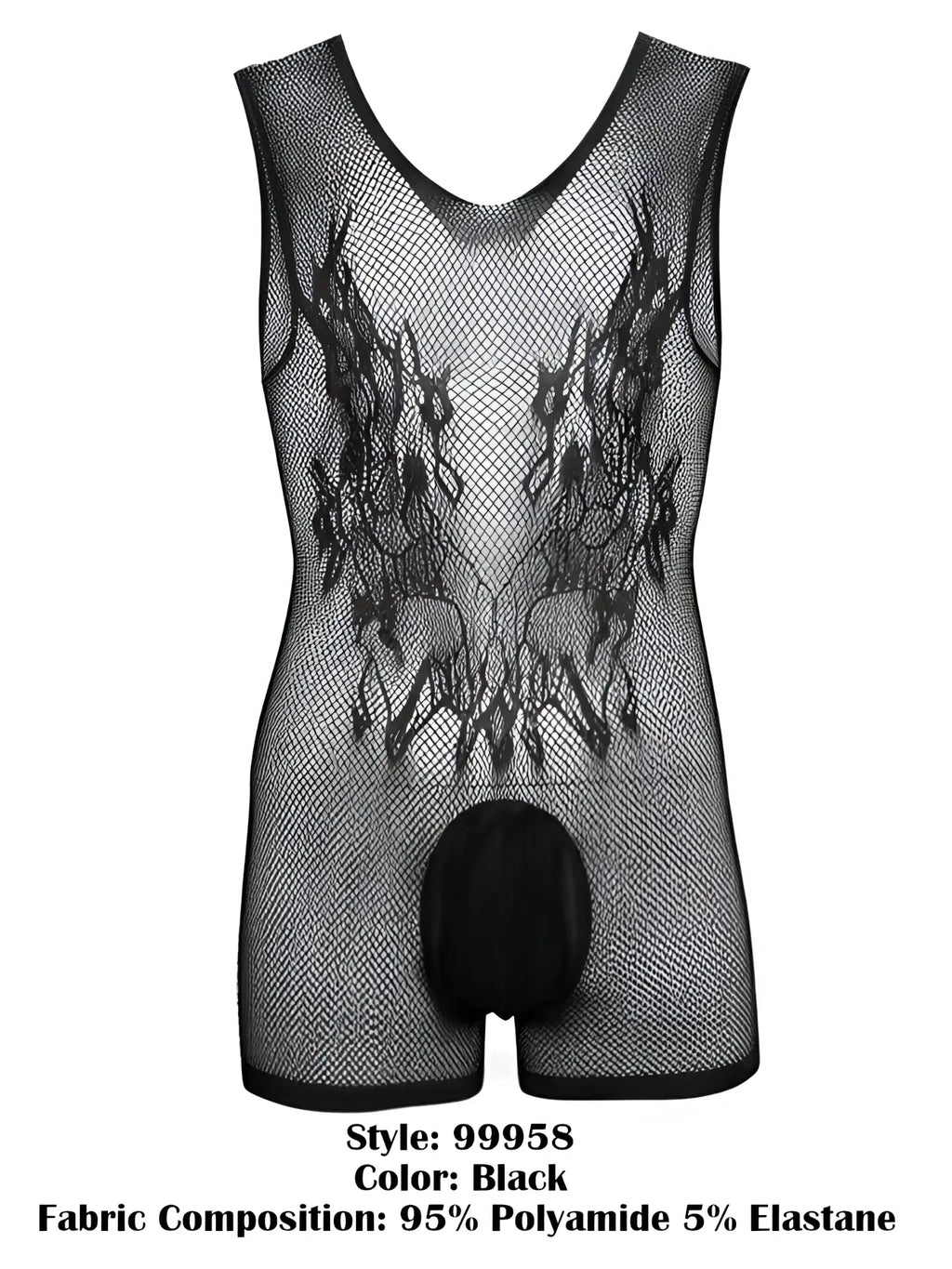 Black mesh bodysuit with V-neck, intricate chest detailing, and a solid opaque pouch.