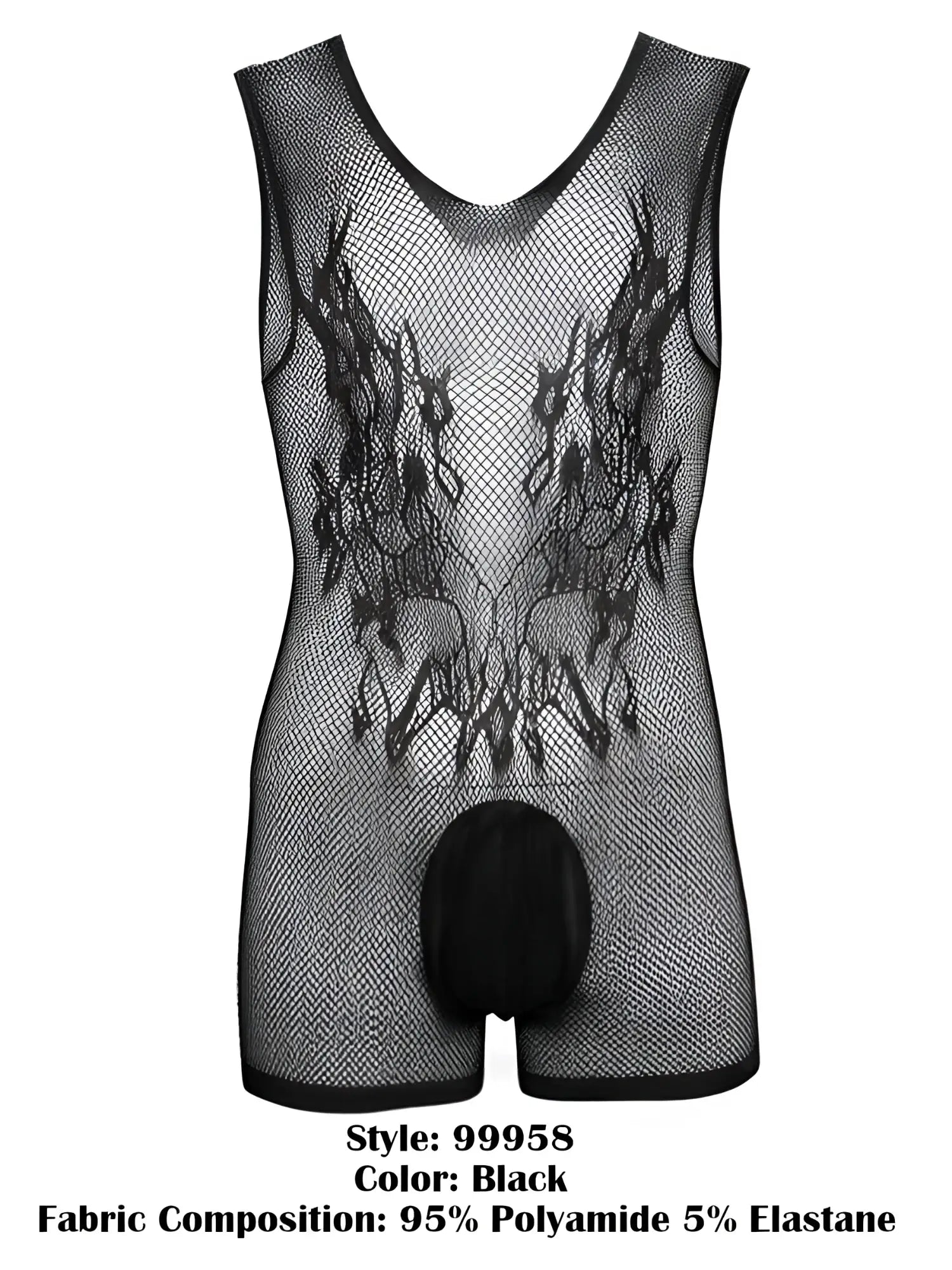 Black mesh bodysuit with V-neck, intricate chest detailing, and a solid opaque pouch.