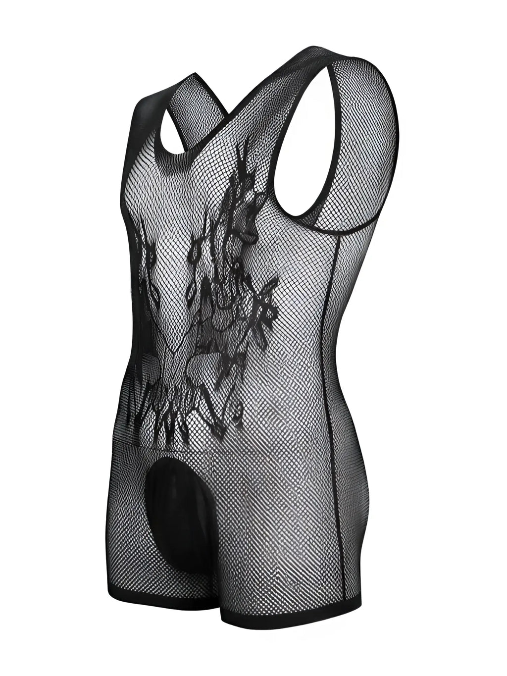 Black mesh bodysuit with skull graphic, racerback style, and opaque pouch, shown on a mannequin torso.
